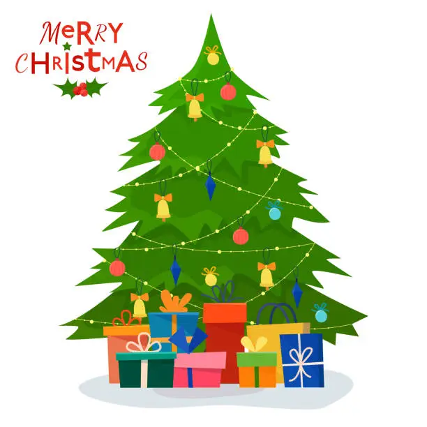 Vector illustration of Decorated christmas tree with gift boxes