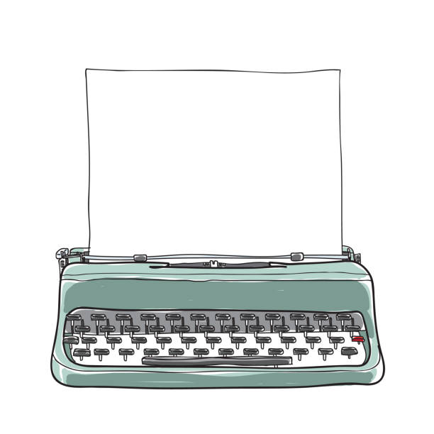 ilustrações de stock, clip art, desenhos animados e ícones de blue vintage  typewriter portable retro with paper hand drawn vector art illustration - typewriter retro revival journalist old fashioned