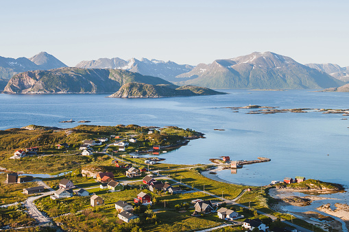 beautiful fisherman village in Norway, stunning aerial panoramic landscape