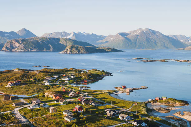 beautiful nature of Norway, panoramic landscape beautiful fisherman village in Norway, stunning aerial panoramic landscape sommaroy island stock pictures, royalty-free photos & images