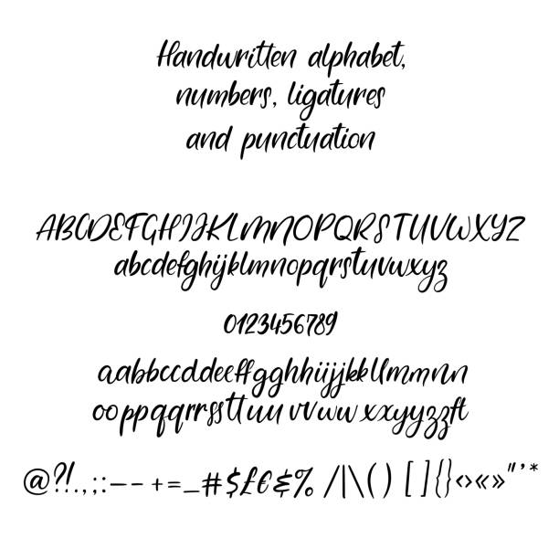современный алфавит каллиграфии. рукописные письма кисти. шрифт ручной надписи с лигатурами - typeset english culture alphabet black stock illustrations