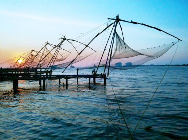 chinese fishing nets at sunset, fort kochin, india. - kerala imagens e fotografias de stock