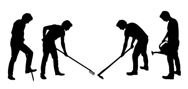 istock Set of realistic silhouettes of working farmer with tools, isolated on white background - vector 875260824