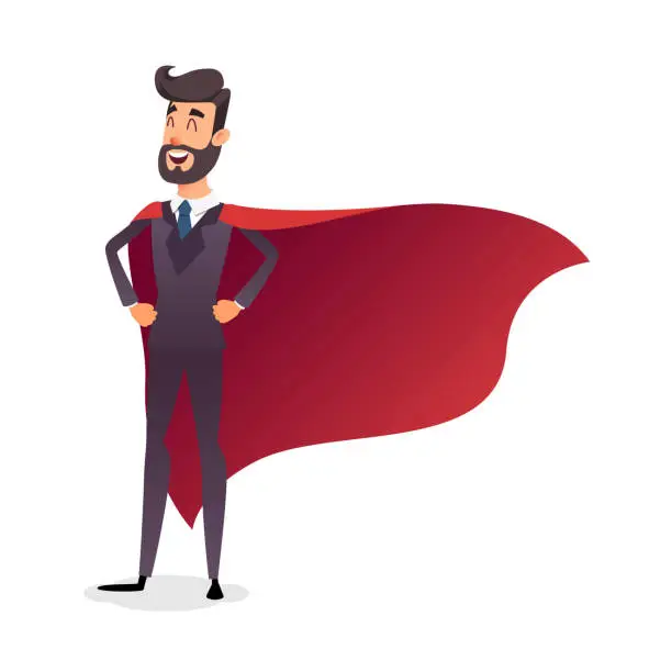 Vector illustration of Cartoon superhero standing with cape waving in the wind. Successful happy hero businessman. Concept of success, leadership and victory in business. Young entrepreneur in a superman's cloak