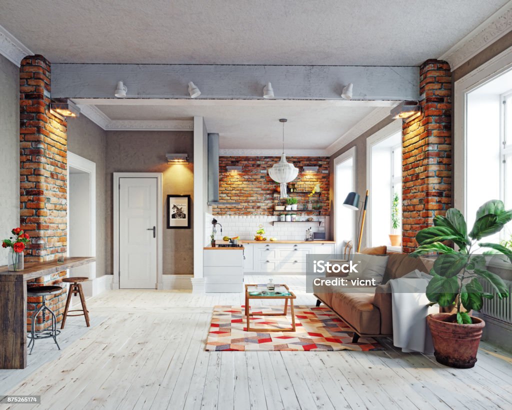 modern apartment interior modern apartment  interior. Scandinavian style design. 3d rendering concept Living Room Stock Photo