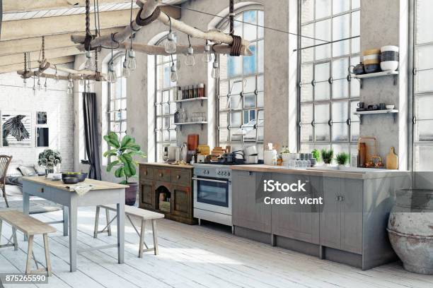 Attic Loft Kitchen Interior Stock Photo - Download Image Now - Shabby Chic, Kitchen, Indoors
