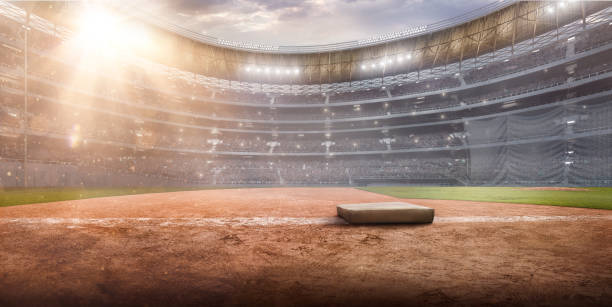 Professional baseball arena in 3D Professional baseball arena in 3D. Large softball stadium with tribunes, baseball base and a lot of fans. baseball diamond stock pictures, royalty-free photos & images