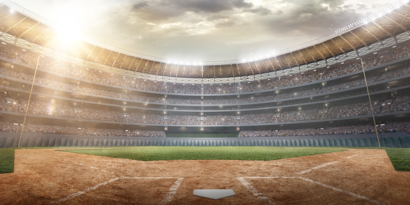 Professional baseball arena in 3D. Large softball stadium with tribunes and a lot of fans.