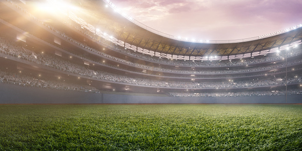 Professional baseball arena in 3D. Large softball stadium with green floor covering, tribunes and a lot of fans.