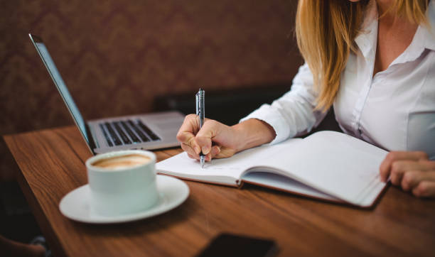 istock Businesswoman taking notes in cafe 875270522
