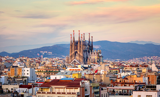 Church of La Sagrada Familia from Antoni Gaudi at golden hour. Barcelona. Spain