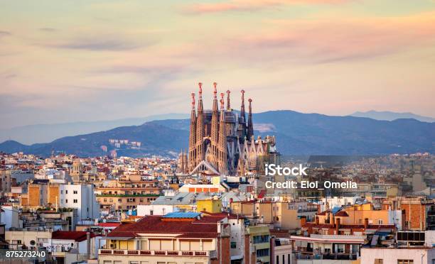 Spanish Cities La Sagrada Familia Barcelona Golden Hour Stock Photo - Download Image Now