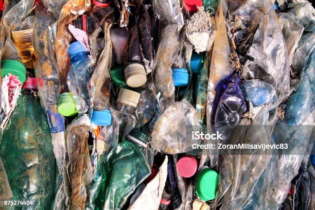 Plastic Bottles On Pile Ready To Get Recycled Recycling Of Old Plastic Bottles Pile Of Packed And Recycling Ready Plastic Bottles Recycling Industry Ecology Recycled Material Mass Consumption Stock Photo - Download Image Now