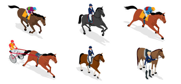 Isometric set Jockey on horse Isometric set Jockey on horse, Champion, Horse riding for Sport background. Stallion race track. Vector Illustration. arab man riding horse stock illustrations