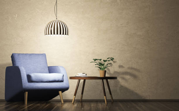 istock Evening interior of room with armchair, lamp and coffee table 3d rendering 875275920