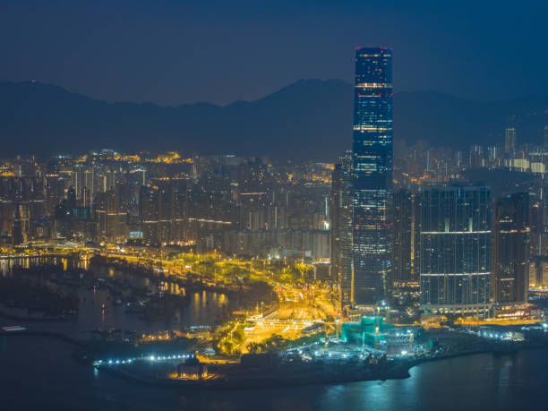 Hong Kong City view at night from victoria peak stock photo