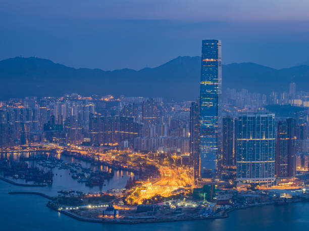 Hong Kong City view before sunrise  from victoria peak stock photo