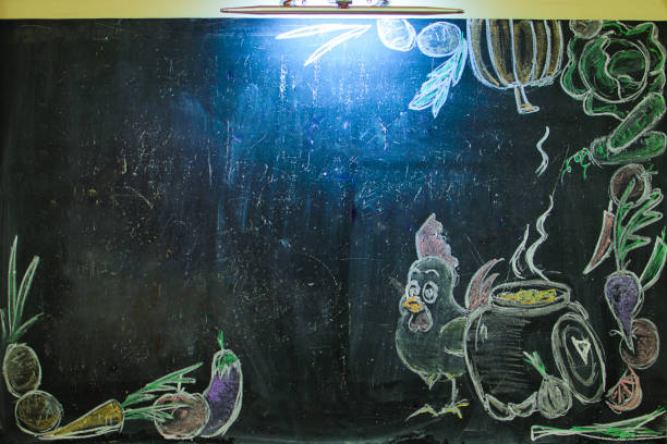istock chalk with drawn vegetables and chicken on black board 875280782
