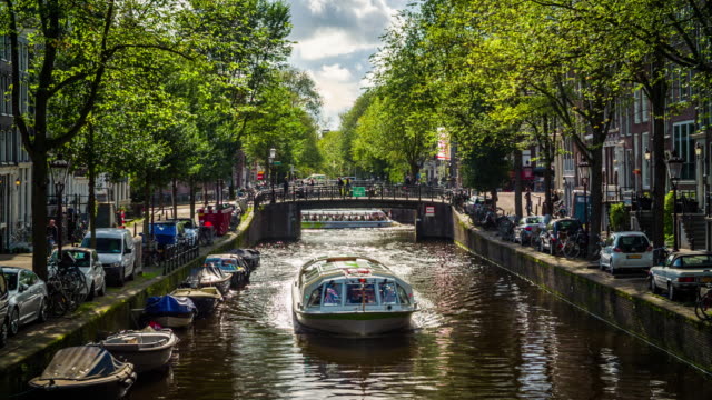 Canal in Amsterdam with Tourboat
