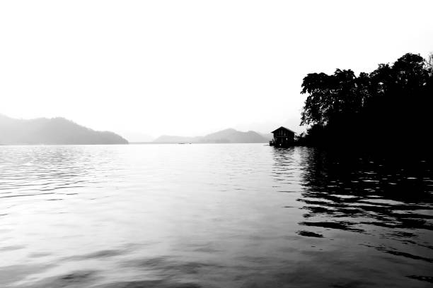 istock Beautiful mountain peak and river nature on black and white color shape for background. 875286954