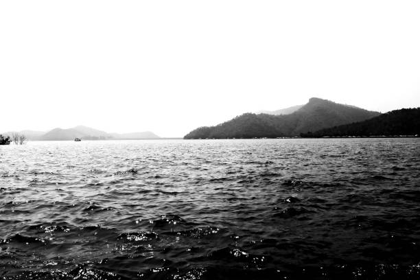 istock Beautiful mountain peak and river nature on black and white color shape for background. 875287018