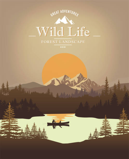 ilustrações, clipart, desenhos animados e ícones de paisagem com canoa - lake