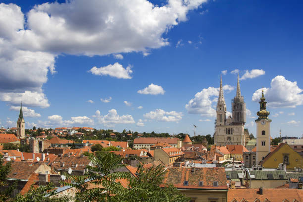istock Zagreb cathedral and St Catherine church, panoramic view from Upper town 875290004