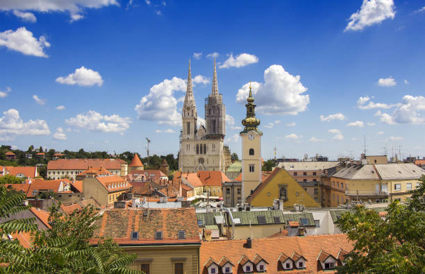 istock Zagreb cathedral and St Catherine church, panoramic view from Upper town 875290044