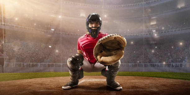 Softball female catcher on a professional arena Softball female catcher on a professional arena.  Beautiful player in unbranded uniform on big arena. The player waiting to catches the ball. softball pitcher stock pictures, royalty-free photos & images