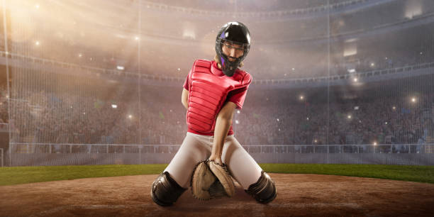istock Softball female catcher on a professional arena 875297094