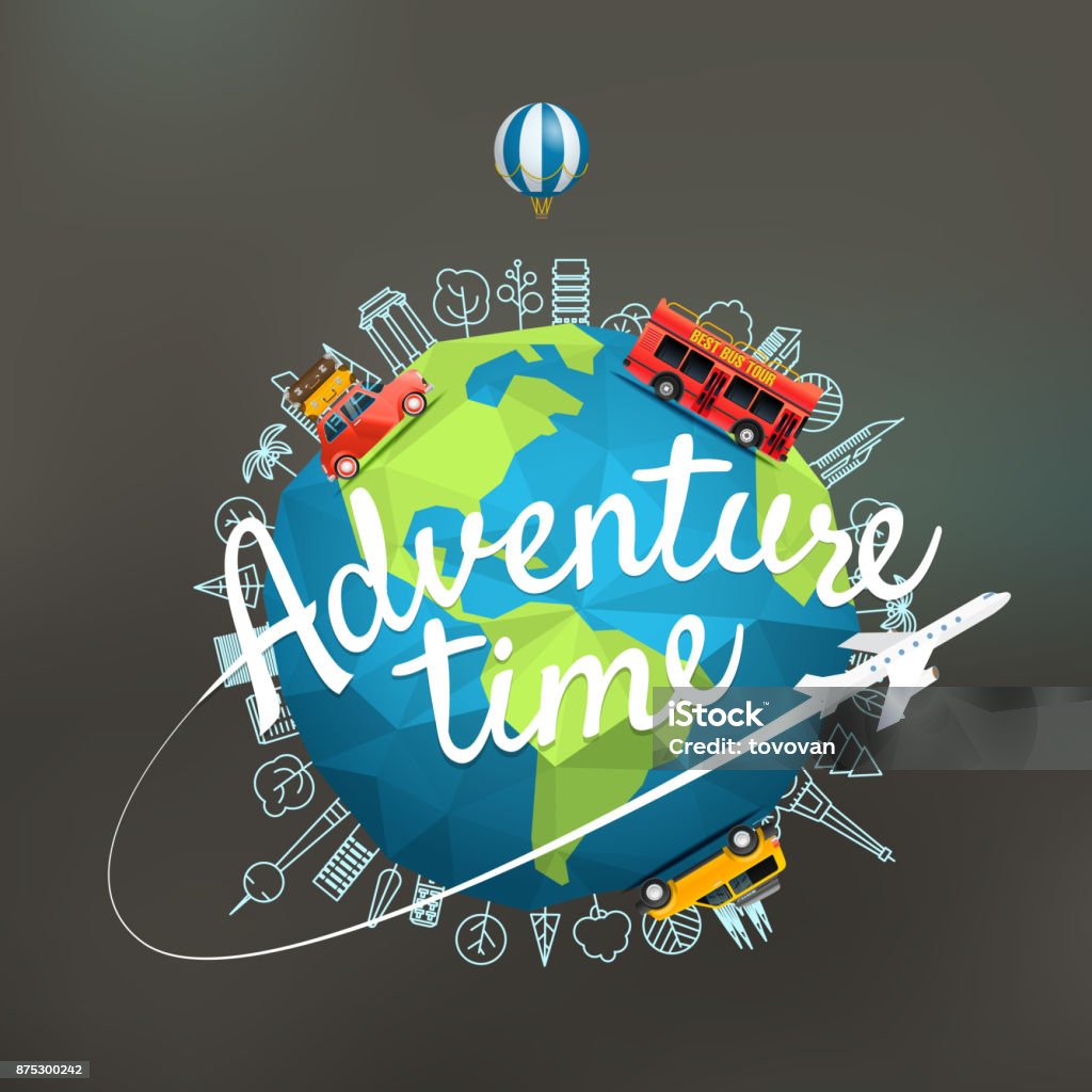 Vacances voyage composition avec la terre. Concept de temps aventure - clipart vectoriel de Destination de voyage libre de droits