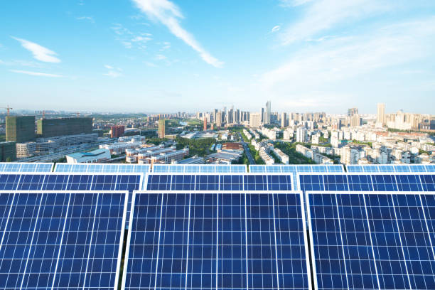 istock solar panel with cityscape of los angeles in cloud sky 875300290