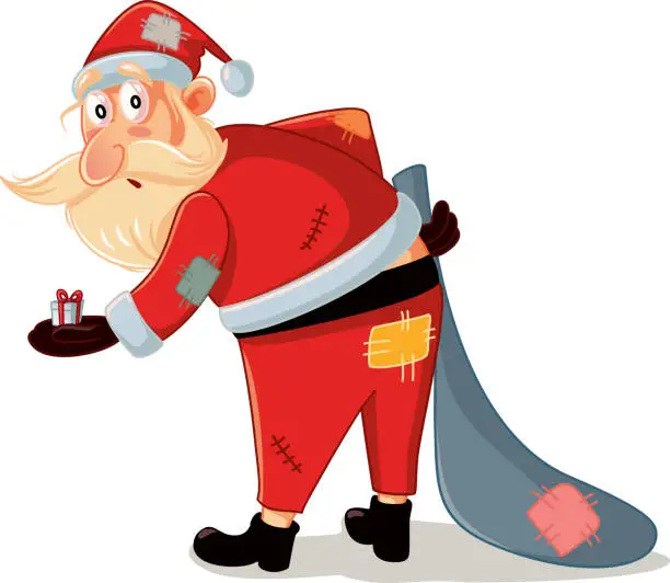 Vector illustration of Poor Santa with Patchy Costume and Small Gift Vector Cartoon
