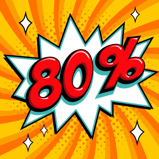 ilustrações de stock, clip art, desenhos animados e ícones de 80 eighty percent off sale banner. red number on bang shape and orange swirling background. big sale web banner in pop-art style. comic style sale promotion banner - clear sky flash