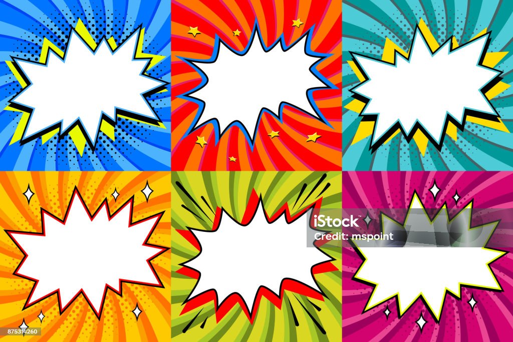 Speech bubbles set. Pop art styled blank speech bubbles template for your design. Clear empty bang comic speech bubbles on colored twisted backgrounds. Ideal for web banners Speech bubbles set. Pop art styled blank speech bubbles template for your design. Clear empty bang comic speech bubbles on colored twisted backgrounds. Ideal for web banners. Vector illustration Comic Book stock vector
