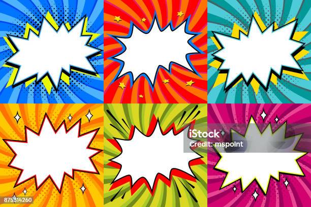 Speech Bubbles Set Pop Art Styled Blank Speech Bubbles Template For Your Design Clear Empty Bang Comic Speech Bubbles On Colored Twisted Backgrounds Ideal For Web Banners Stock Illustration - Download Image Now