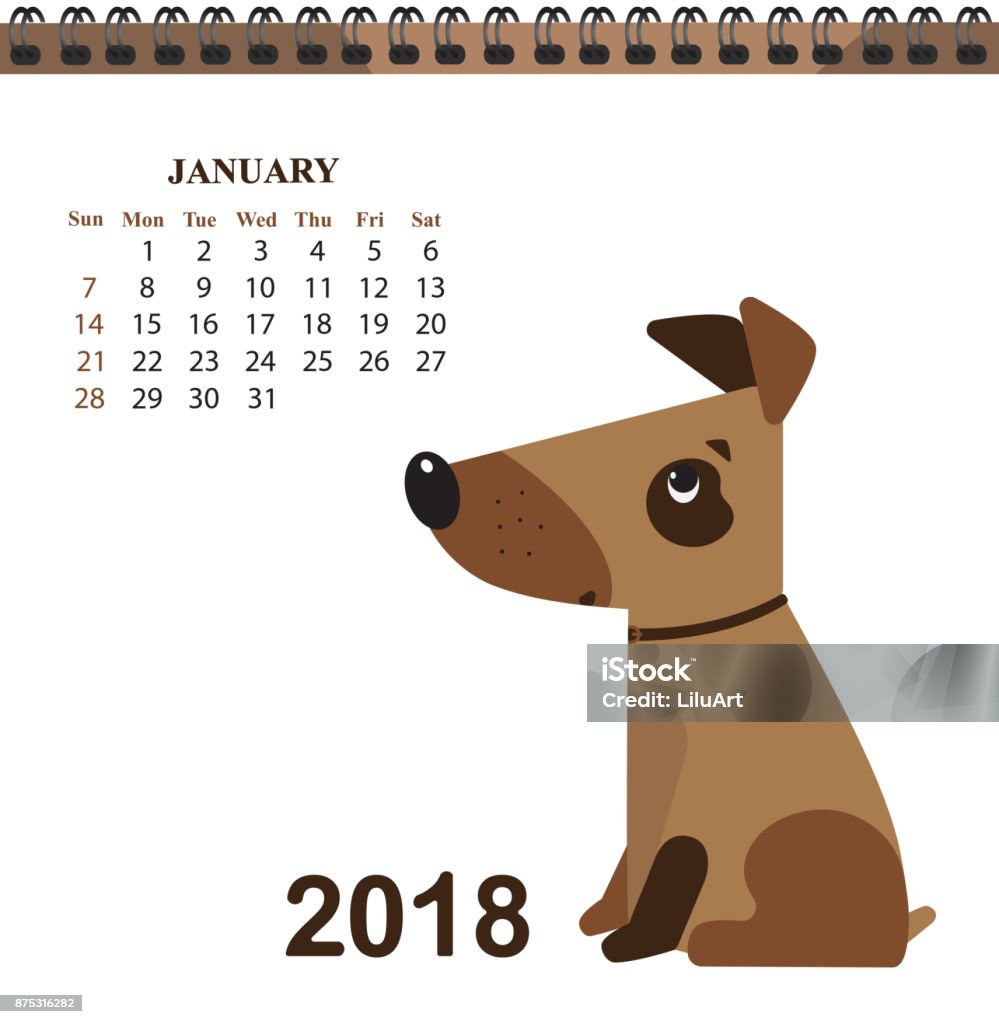 Funny Dog Symbol Of The Chinese New Year Calendar For January 2018 From  Sunday To Saturday Stock Illustration - Download Image Now - iStock