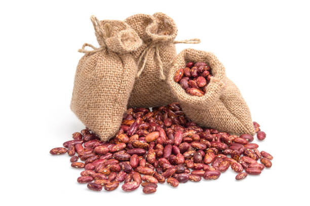 red kidney bean cranberry in burlap sack bag isolated on white background - sack bag bean burlap imagens e fotografias de stock