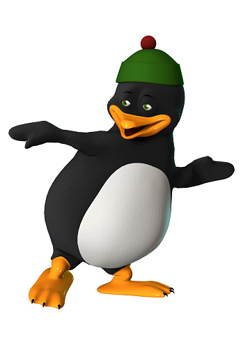 3D digital render of  a cute dancing penguin wearing a green hat isolated on white background