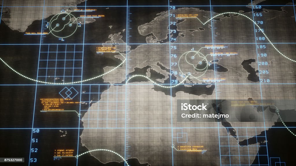 Flat World Map With Infographics An abstract digital world map focused on Europe. The rugged map contains communication lines and digital infographics.

 Military Stock Photo