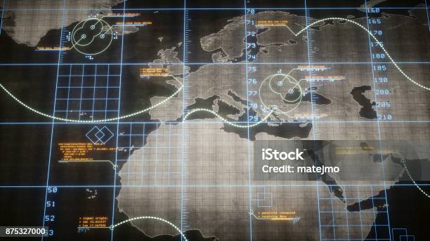 Flat World Map With Infographics Stock Photo - Download Image Now - Military, Surveillance, Threats