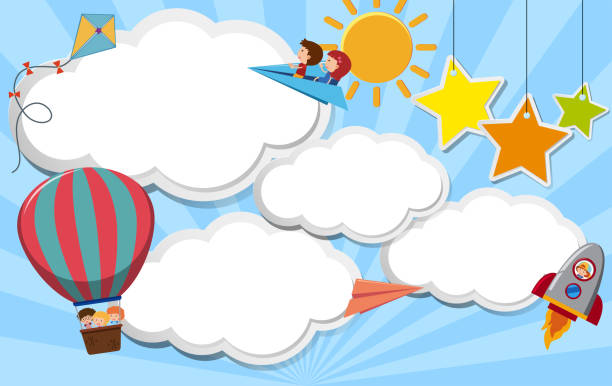 illustrations, cliparts, dessins animés et icônes de modèle de bordure avec enfants voler dans le ciel - sun sky child balloon