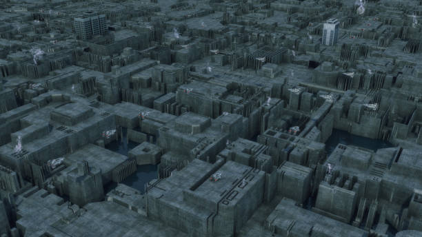 istock 3d rendering. Futuristic city and spaceships 875328550