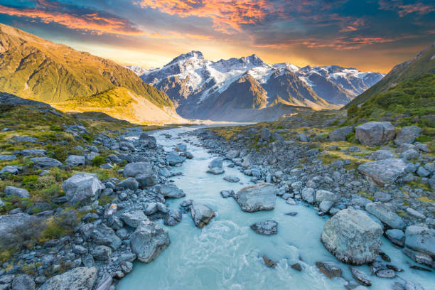 mount cook i jezioro matheson nowa zelandia - new zealand forest landscape mountain zdjęcia i obrazy z banku zdjęć