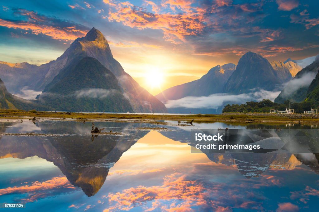 The Milford Sound fiord. Fiordland national park, New Zealand Famous Mitre Peak rising from the Milford Sound fiord. Fiordland national park, New Zealand New Zealand Stock Photo