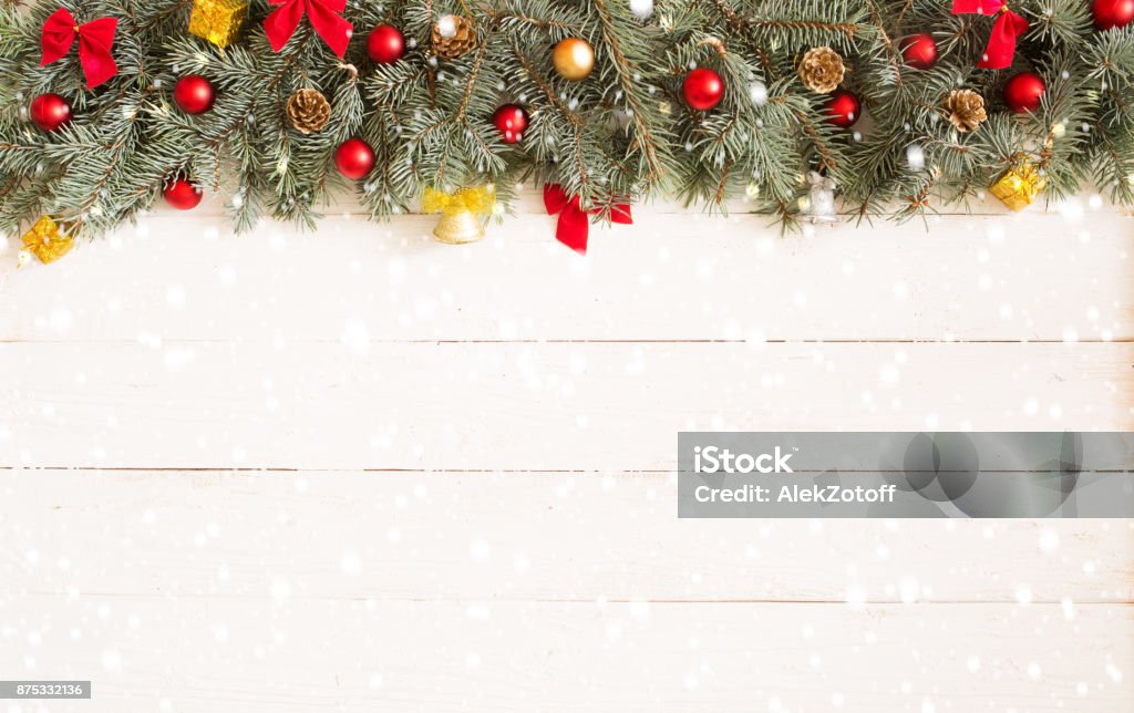 Christmas white wooden background with fir tree. View with copy space. Blue spruce Christmas white wooden background with fir tree. View with copy space. Blue spruce. 2018 Stock Photo