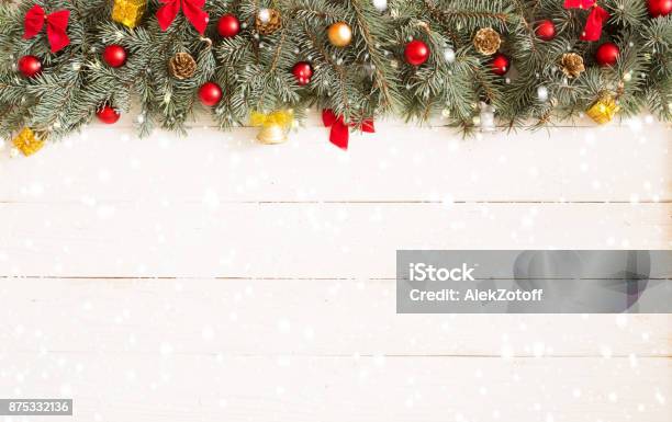 Christmas White Wooden Background With Fir Tree View With Copy Space Blue Spruce Stock Photo - Download Image Now