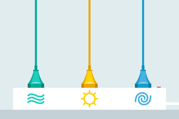 Using of renewable energy of water, sun and wind Three colored power cords plugged to power strip with icons of water, sun and wind. Renewable energy concept gang socket stock illustrations