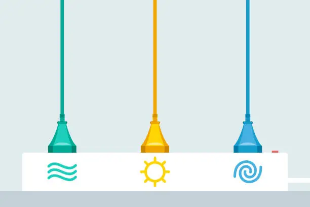 Vector illustration of Using of renewable energy of water, sun and wind