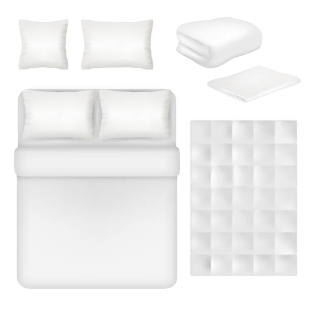 illustrazioni stock, clip art, cartoni animati e icone di tendenza di set di modelli realistici di biancheria da letto bianca vettoriale - bedroom pillow duvet blanket